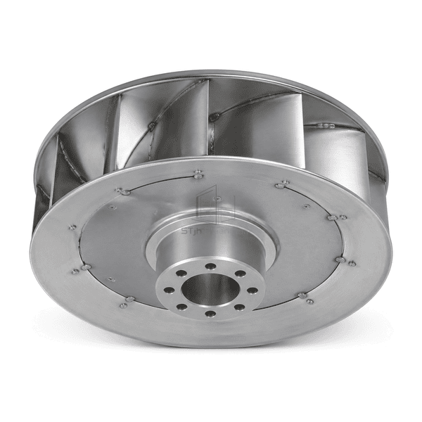Underside service view showing the FFU impeller hub bore, fastener holes and blade roots