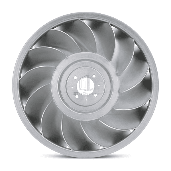 Straight axial view of the FFU fan impeller rim, curved blades and central hub
