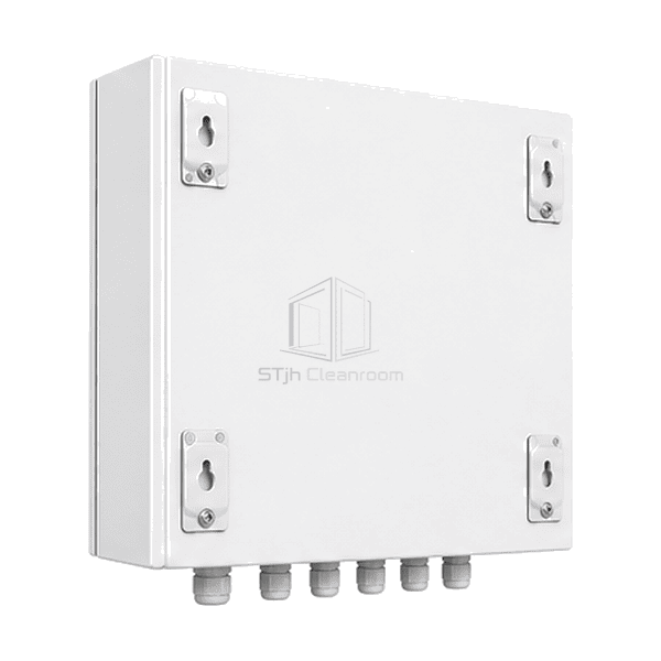 Top-side view of FFU group controller enclosure wall brackets and cable glands