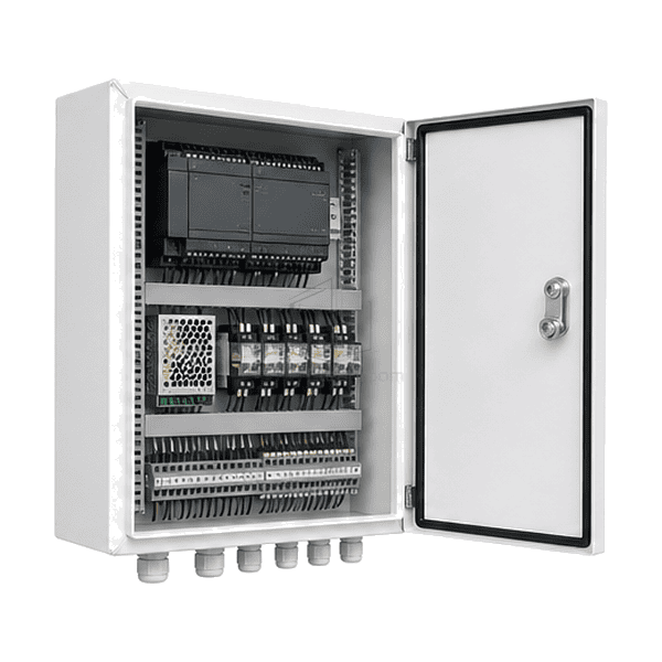Open group control panel showing compact PLC relays power supply and terminal blocks