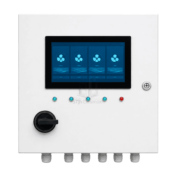 Front view of zoned FFU group panel touchscreen selector and alarm lamps