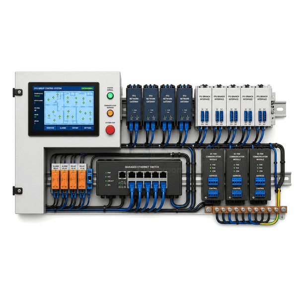 Horizontal arrangement of FFU controller, network gateway and representative EC fan modules