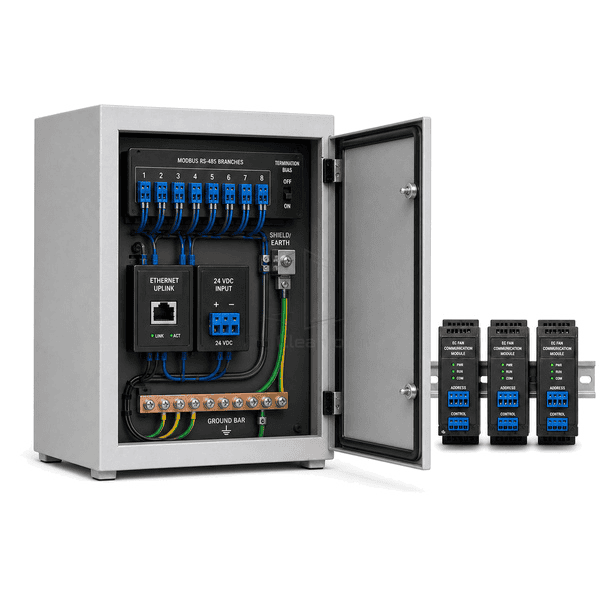Rear three-quarter view of the entire FFU controller with individually numbered Modbus branch plugs and termination switch clearly exposed