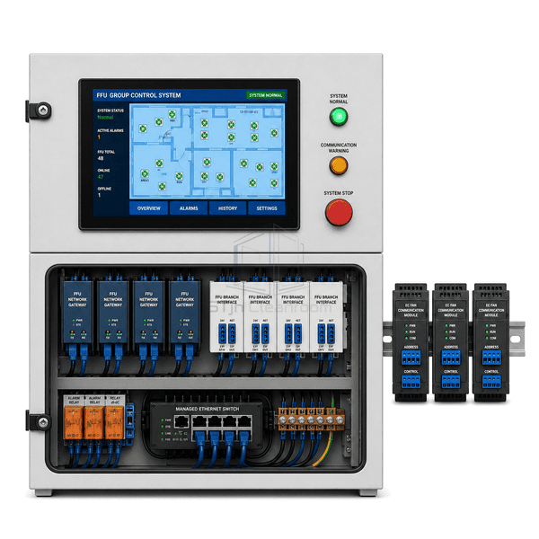 Front view of FFU group controller with zone screen and status indicators