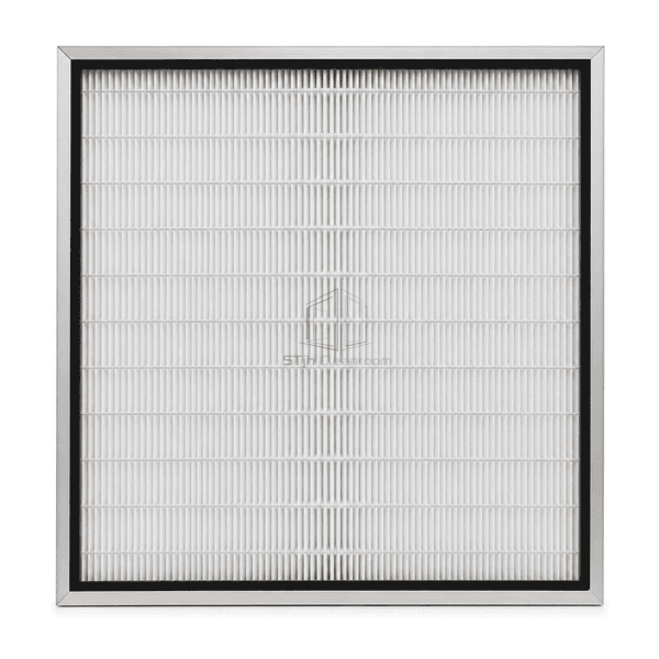 Straight front view of dense white mini-pleats in an aluminum FFU HEPA frame