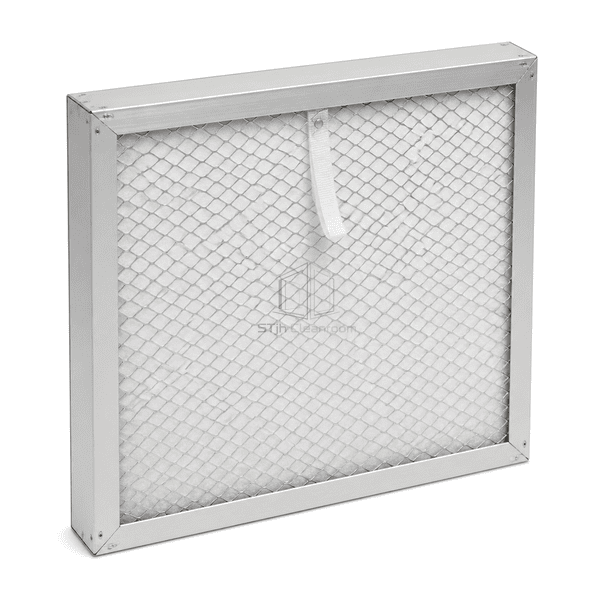 Rear service view showing FFU pre-filter corner joints, media retention and support mesh
