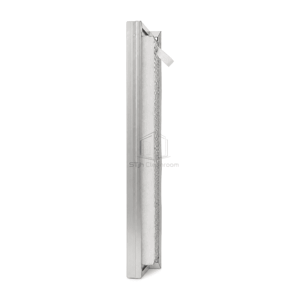 Edge-on view showing the FFU pre-filter frame depth and synthetic media layer