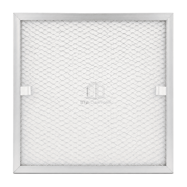 Straight front view of white FFU pre-filter media and expanded-metal support grid