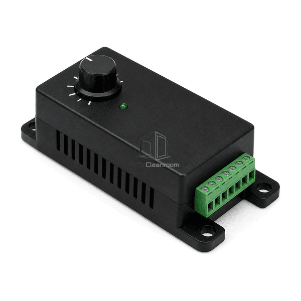 Horizontal high-angle view of the complete FFU speed controller housing and terminal side