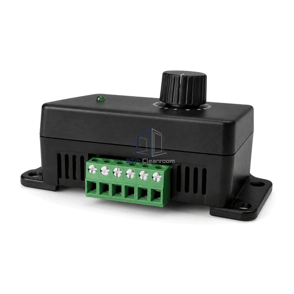 Rear service view of the FFU speed controller six-position terminal block, screws and ventilation slots