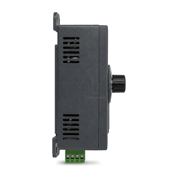 Full side profile showing the FFU speed controller enclosure depth, ventilation slots and dial projection