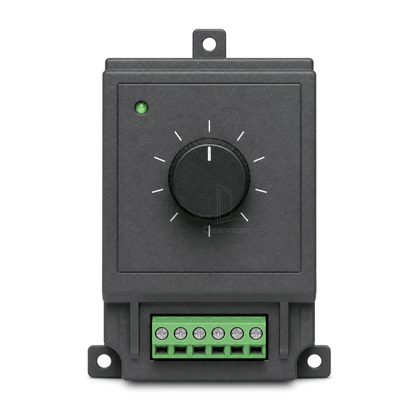 Straight front view of the FFU speed controller dial, green status light and screw terminals