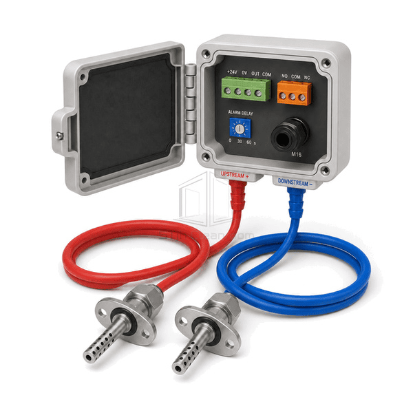 Rear three-quarter view of the entire filter sensor kit with red upstream port, blue downstream port and paired stainless taps clearly exposed