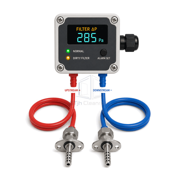 Front view of HEPA filter pressure sensor with loading display and alarm status