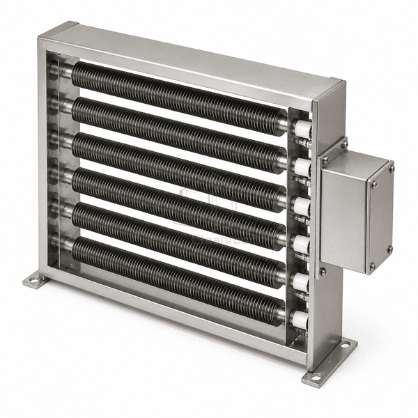 High rear view of the same six finned heating elements