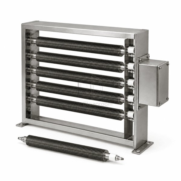 Electric air heater with one of six finned elements withdrawn
