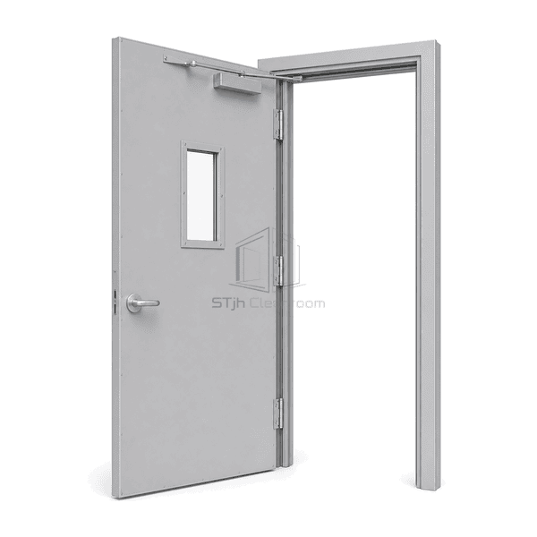 Open fire-rated cleanroom door displaying reinforced leaf and frame