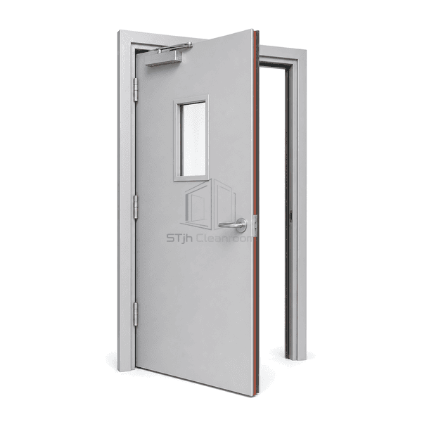 Protected intumescent strip and cleanroom gasket at the door perimeter