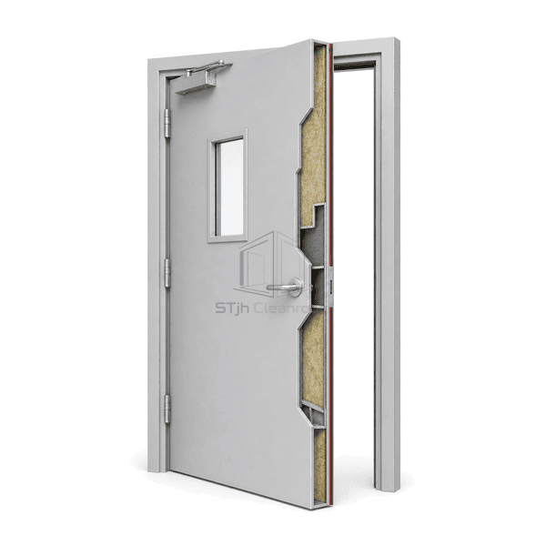 Side cutaway showing steel skins, mineral wool and intumescent edge