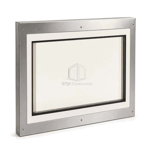 Complete fire-resistant vision panel installed in a cleanroom partition