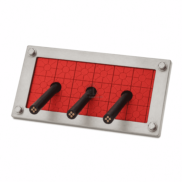Complete horizontal view of a three-cable firestop transit frame