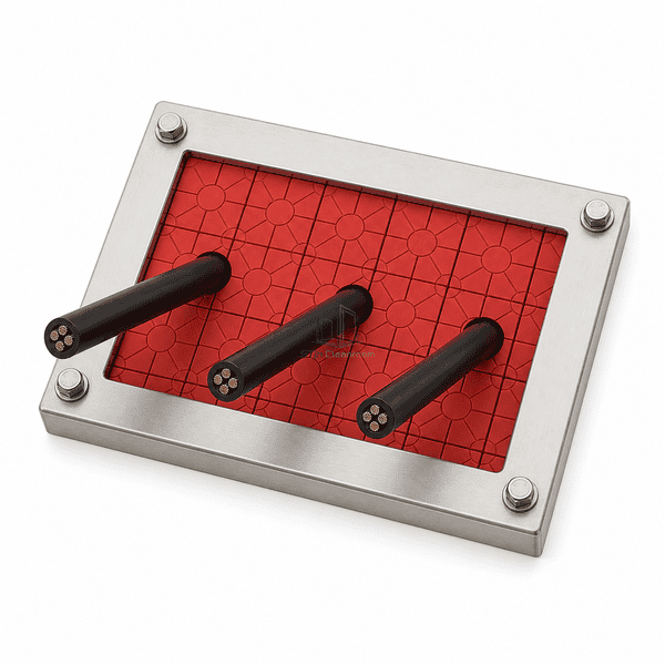 Reverse elevated view of cable module interfaces and stainless frame seam