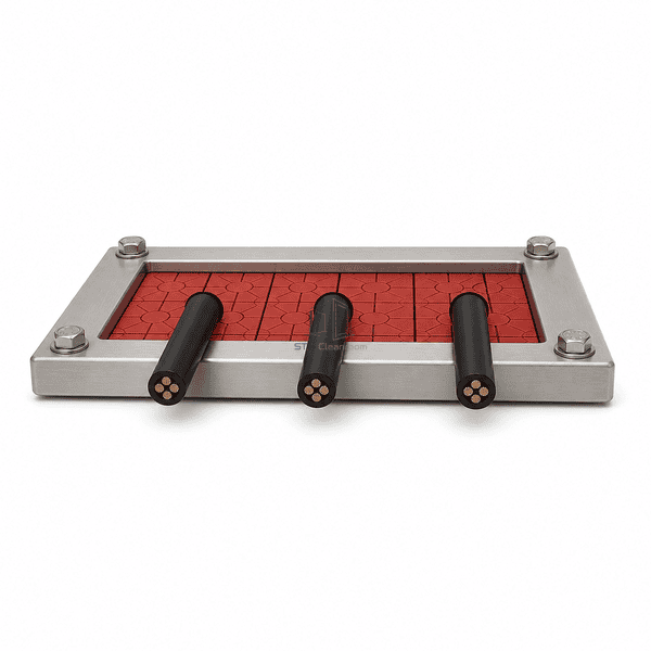 Low side profile showing stainless frame depth and compressed module grid