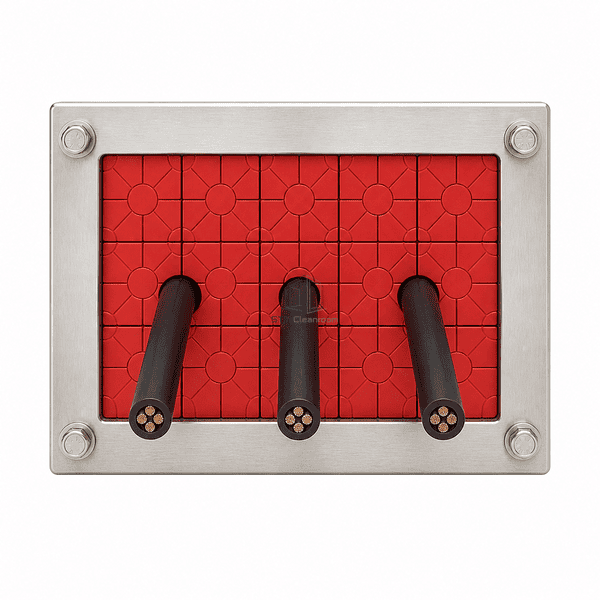 Front view showing red firestop modules three cables and four frame bolts