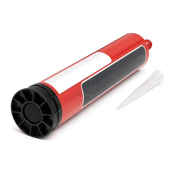 Rear three-quarter view of the firestop sealant cartridge showing the ribbed plunger base