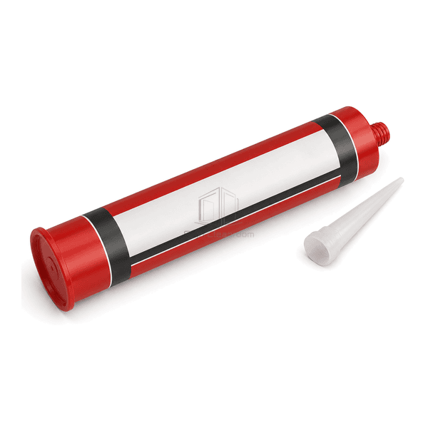 Side interface view showing the firestop sealant cartridge outlet threads and nozzle collar