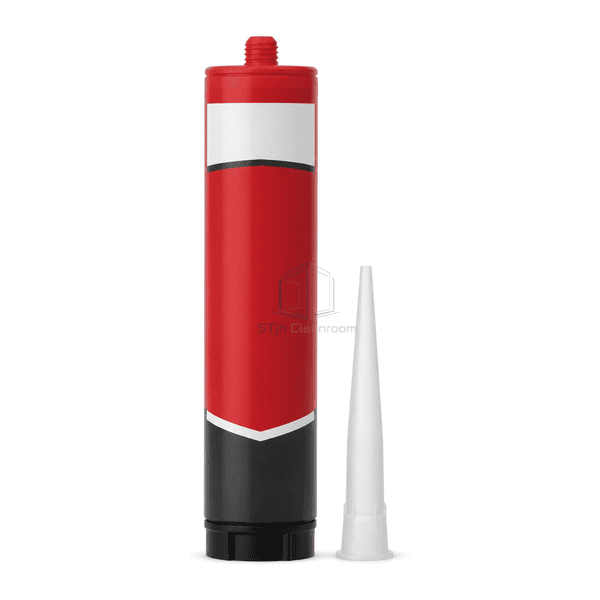 Upright front view of the firestop sealant cartridge and tapered nozzle