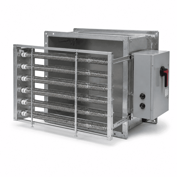 Duct heater with the same six-element rack partly withdrawn