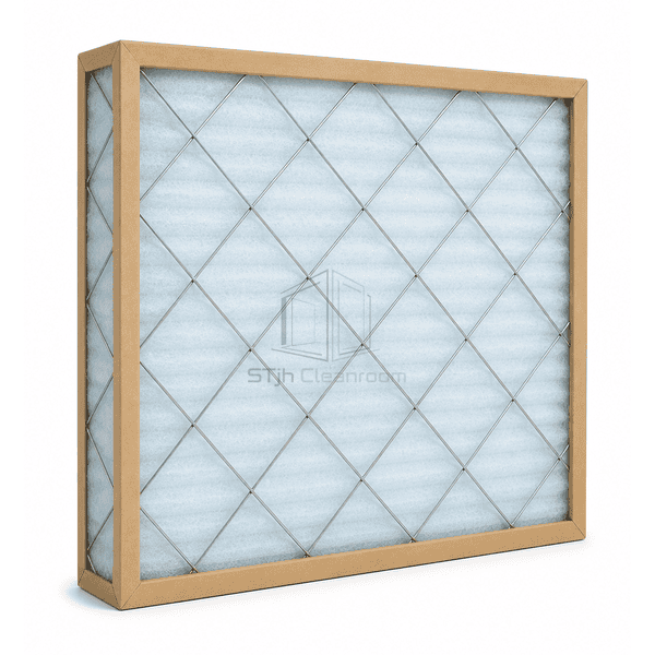 Rear view of the flat panel pre-filter with diagonal retaining mesh and sealed board frame