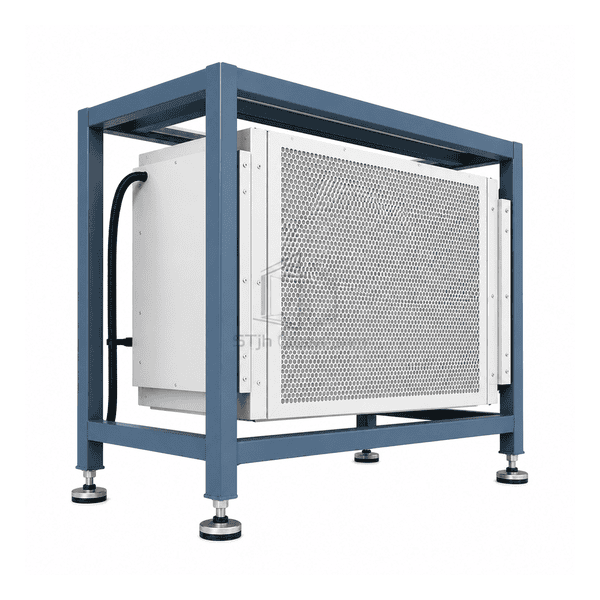 Floor-standing FFU showing adjustable foot frame corner and filter retaining joint