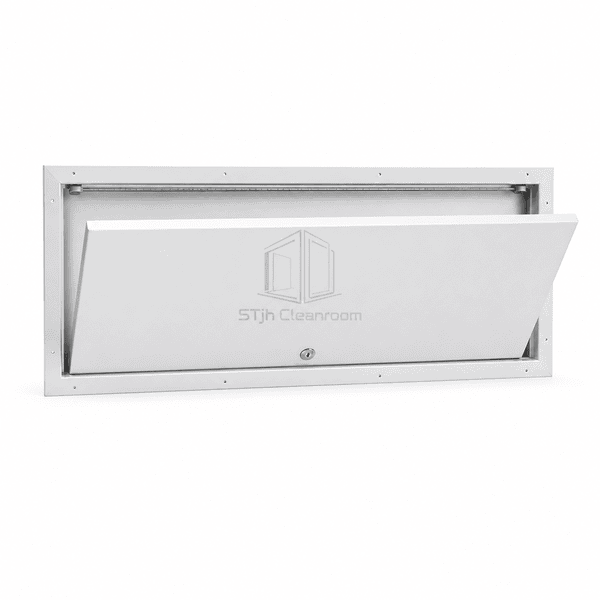 Open cleanroom wall access panel revealing the service cavity opening