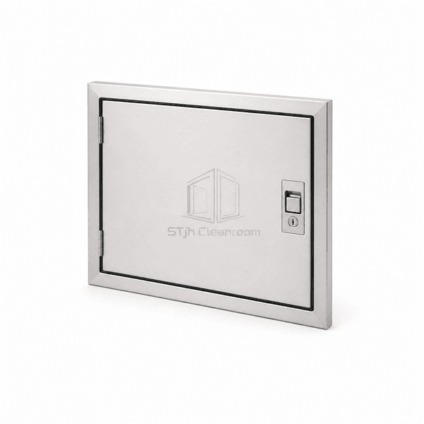 Close view of the concealed pivot and TPE seal on a flush access hatch