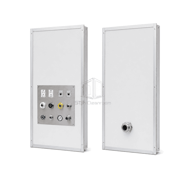 Sealed flush perimeter and connector bushing on a cleanroom utility panel