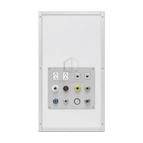 Front view of a stainless cleanroom utility interface with grouped outlets