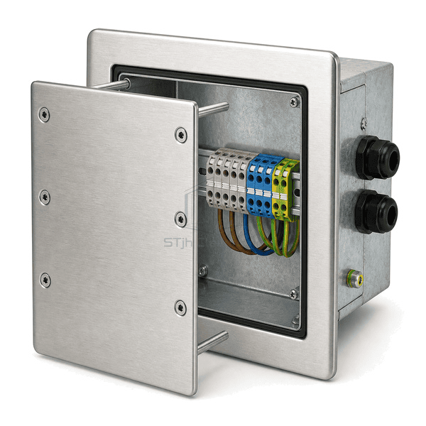 Side cutaway showing recessed box, gasket and terminal rail