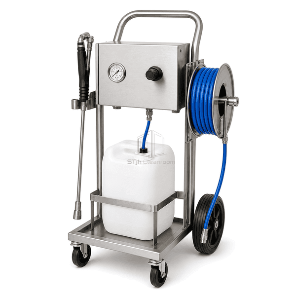 Complete foam cleaning station in wide horizontal view with coiled hose and lance