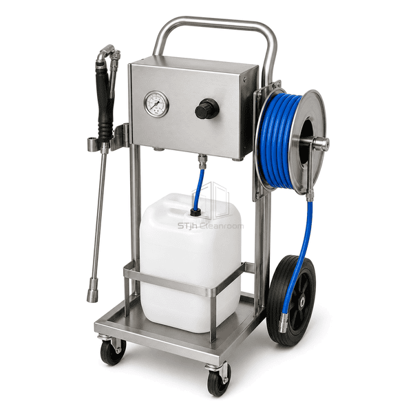 Foam cleaning station interface view showing regulator, injector and sanitary hose couplings