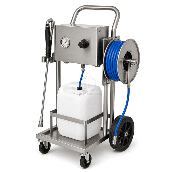 Foam cleaning station side view showing wheeled stainless chassis and hose reel