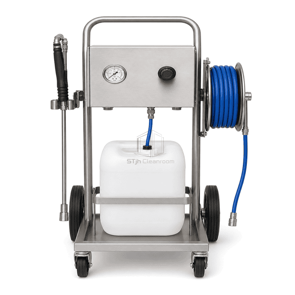 Foam cleaning station front view showing controls and chemical pickup enclosure