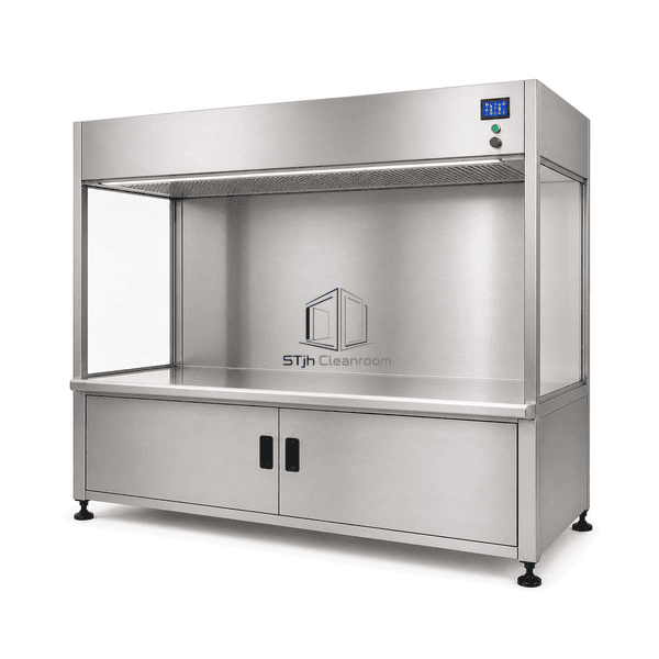 Wide food-grade clean workbench with full stainless deck and twin base cabinets