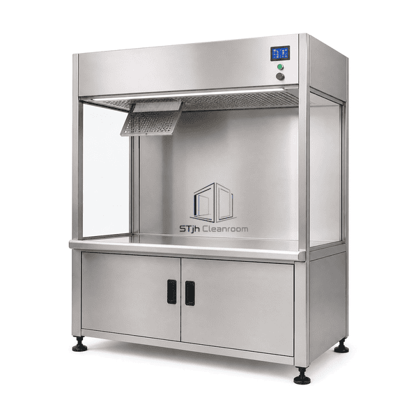 Complete food-grade clean workbench with diffuser section opened to show filter and sealed plenum interface