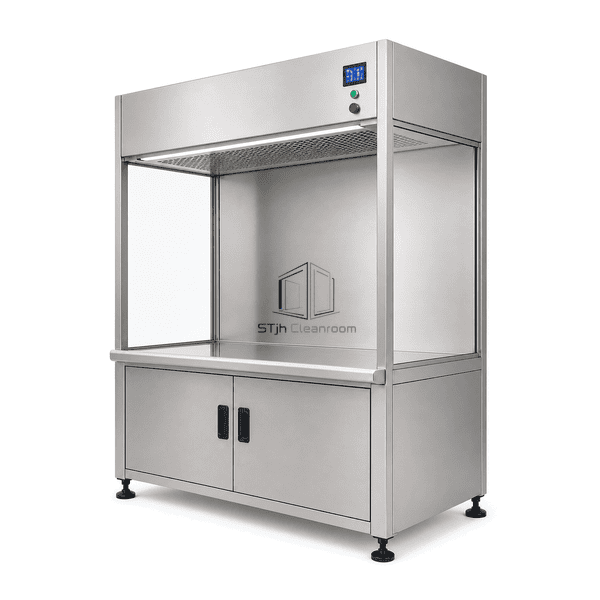 Food-grade clean workbench side view showing plenum depth, glazing and lower cabinet
