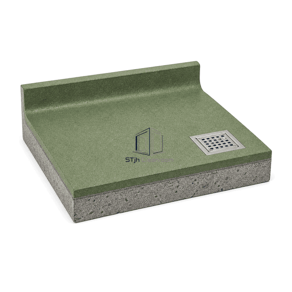 PU cement flooring interface detail showing integral cove and stainless drain termination