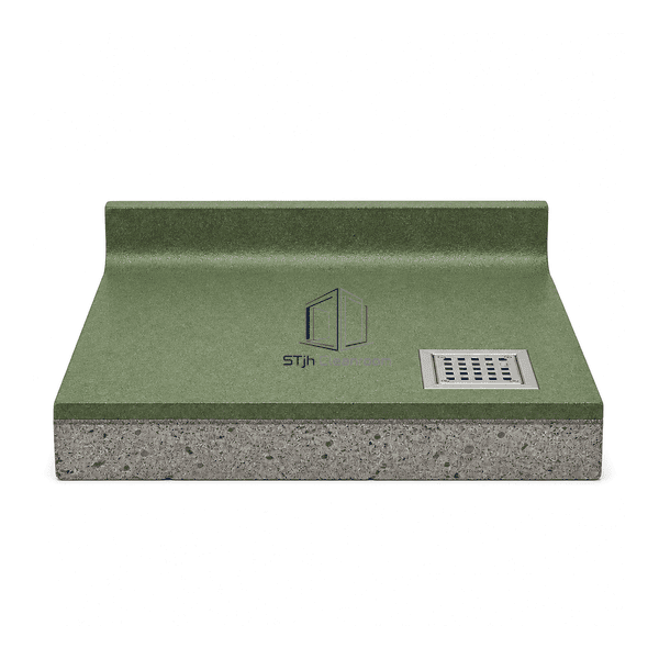 Front view of food-grade PU cement flooring cutaway with wear layer over prepared concrete