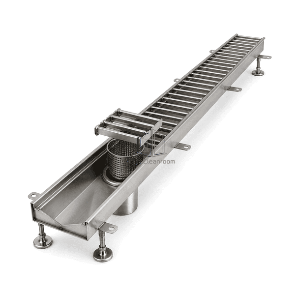 Complete food-grade stainless steel drain with lifted grating showing radiused channel and strainer interface