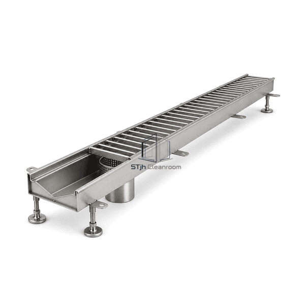 Food-grade stainless steel drain side view showing sloped channel depth and leveling feet